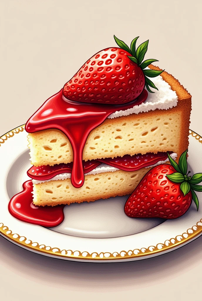 Une part de fraisier dans une jolie assiette à dessert les fraises doivent être bien rouges les couleurs de la part bien pétante dans un style graphique. Bande dessinée 2D l'illustration doit donner l'impression d'être dessiné à la main et au crayon de couleur