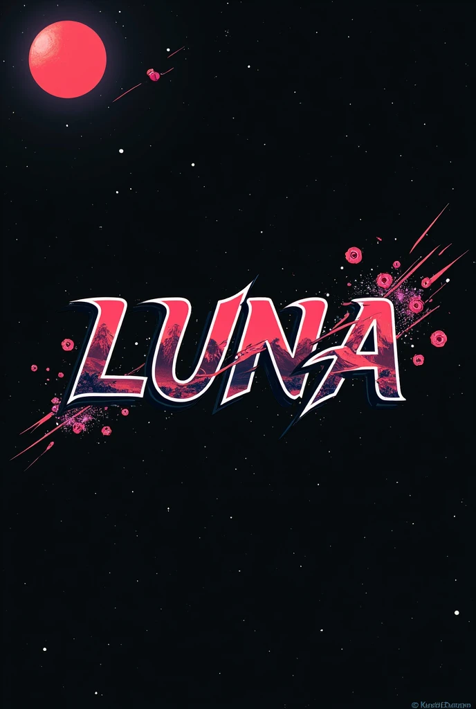 High resolution, logo spelling swiftly “Luna” cool, Jdm theme, anime theme, Cyberpunk vibe name spelling, brand logo, logo for tshirt, brand logo “LUNA”, neon vibes, acid trip vibes, acid trip, shooting stars, acid trip inside “LUNA”, acid trip, hallucinations inside “LUNA”, Waves of hallucinations, splash, waves of futuristic hallucinations, futuristic wave, stars in the background, red strange moon, red roses that bleed,