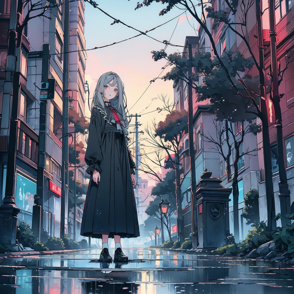 Street trees at dusk, Tense lens, The main part of the photo is the background with the puddle, Bright and fresh photos, Beautiful abstract street tree with a teenage girl character inside it. Gray hair color, Red glowing eyes, Long Hair, Mole under left eye, blue rose brooch, Gothic Fashion, surreal background, Captivating Style,