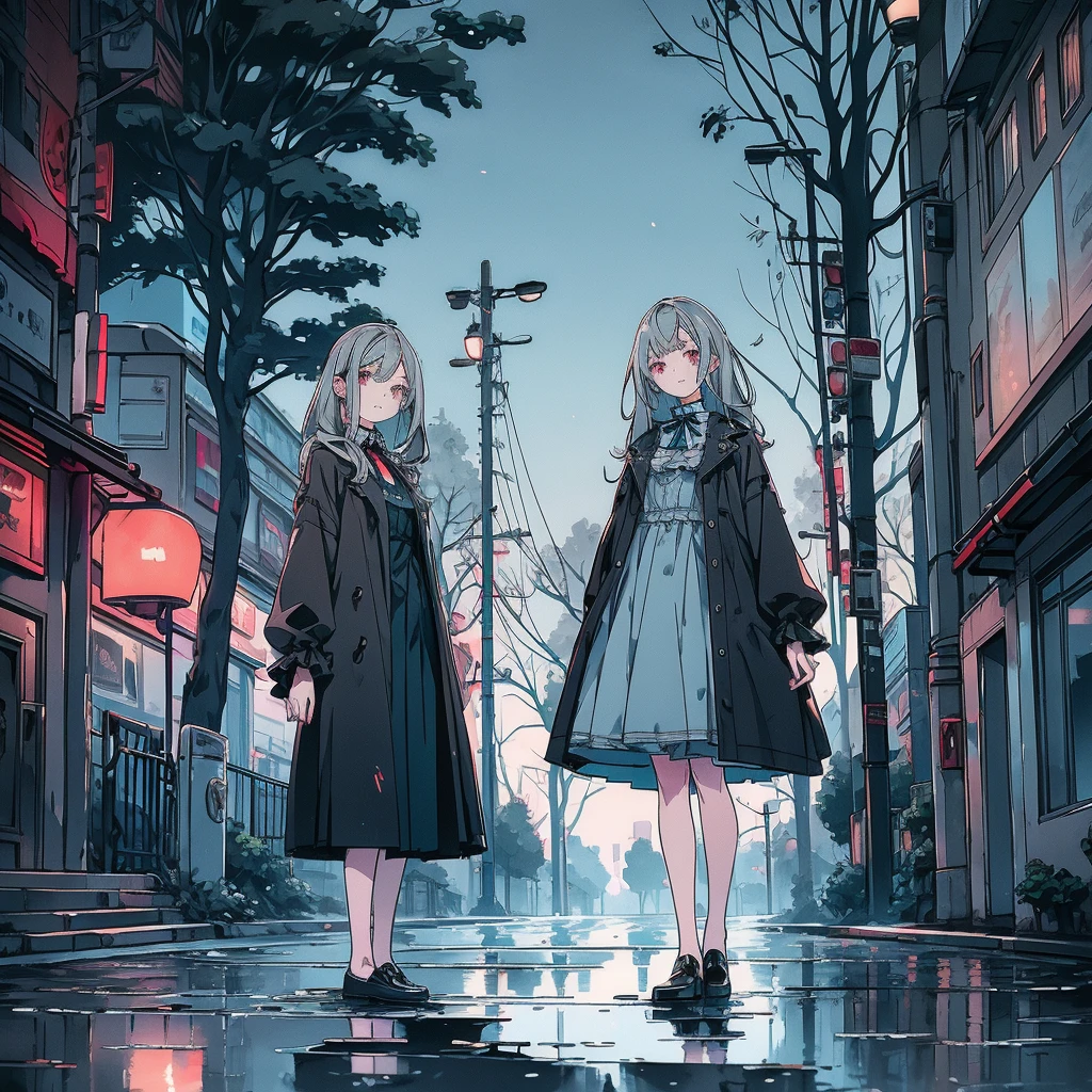 Street trees at dusk, Tense lens, The main part of the photo is the background with the puddle, Bright and fresh photos, Beautiful abstract street tree with a teenage girl character inside it. Gray hair color, Red glowing eyes, Long Hair, Mole under left eye, blue rose brooch, Gothic Fashion, surreal background, Captivating Style,