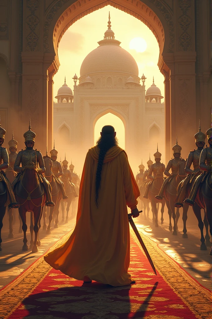 Goga ji Maharaj standing with a sword in hand, facing his enemy behind him, in front of a grand palace, soldiers stationed at the palace gate, majestic horses and carriages nearby, dramatic lighting, historical artwork, intricate details, cinematic atmosphere, influenced by traditional Indian art style, masterpiece, indian style, 8k, ultra HD, contrast, colorfull