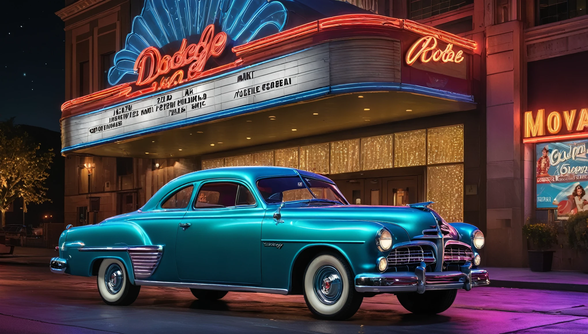 Create imaginative and amazing images demonstrating the style of ((Whorecore)), hyper realistic, 8k, vibrant colors, sharp crisp image, A 1952 Dodge phoenix coupe parked in front of a large movie theater at night