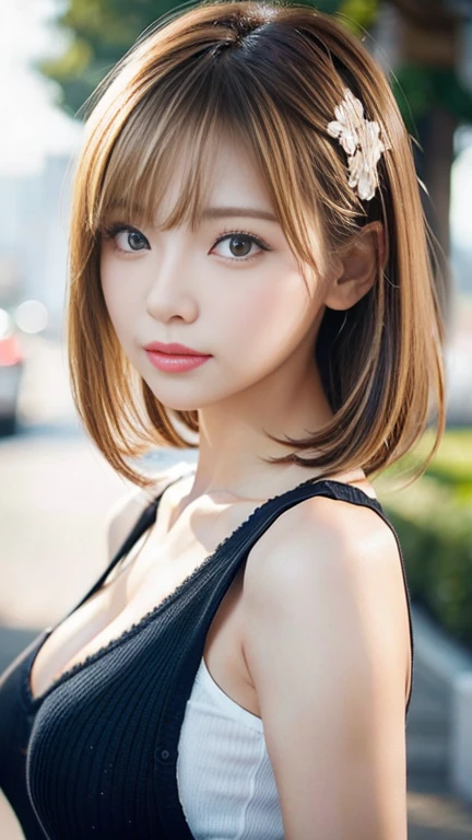 Sexy Big 、Two beautiful girls with sexy and cute looks, Beautiful and sexy face、A strong wind blows my hair in front of my face、Cute short hair blonde, Sexy eyes hidden by long bangs.、Cute ribbon