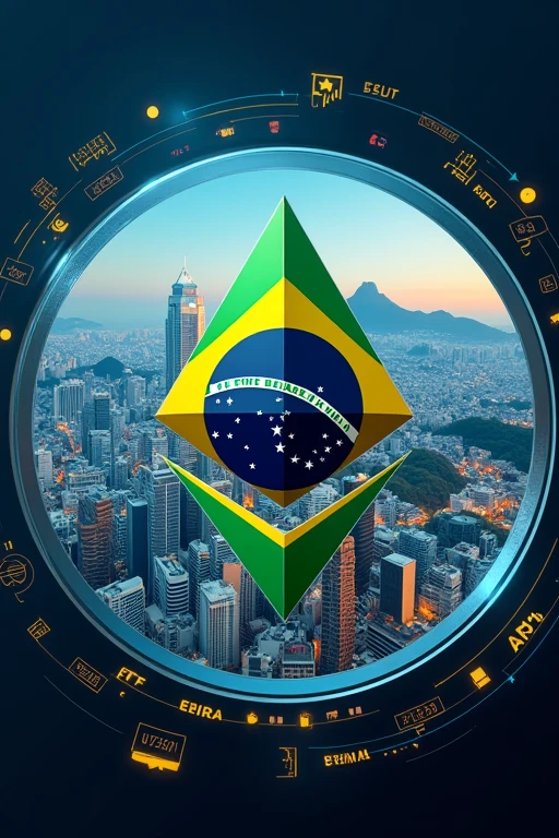 Brazilian flag merging with Ethereum logo in a large circle. Financial symbols orbiting around it: stock charts, coins, ETF icons. Rio de Janeiro skyline in the background. Vibrant colors, digital art style