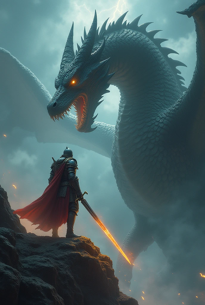 A heroic knight, wearing a detailed and ancient-looking suit of armour, stands atop a cliff, facing off against a massive dragon. The knight's sword is drawn, reflecting the flames of the dragon's fiery breath. The background shows a stormy sky, with lightning illuminating the scene.