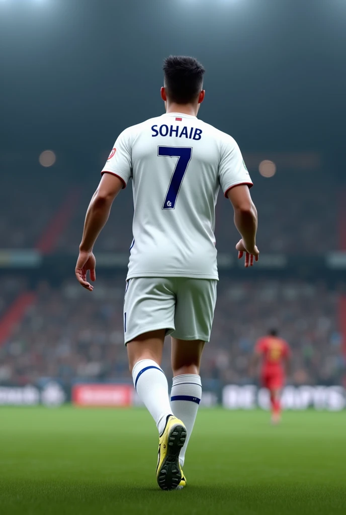 A men playin soccer and at the back of the jursey its written “sohaib” and the number will be 7 facing backwards