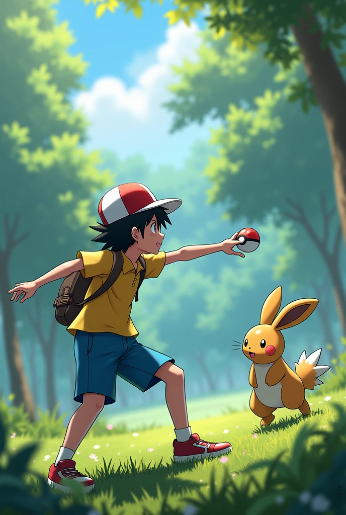Ash Ketchum capturing a rabbit with the Pokeball