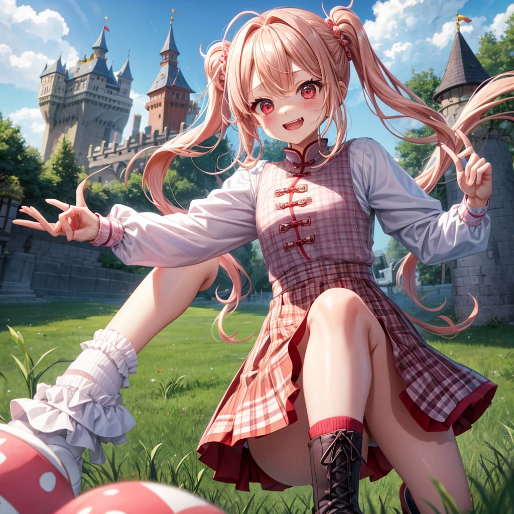 Pink Blonde、Red eyes、Wavy Hair、Hair tied up、Two cute、Checked mini skirt、China、Knee-high socks、Teeth are visible、Monster Castle、Tilting face、grass、There's a stake stuck in the ground、In front of the city gates、Underground tunnels、Iron suspension bridge、The stone is cracked、Giant wood、There is a step on the ground、Piglet、it's raining、Round Table、Cape