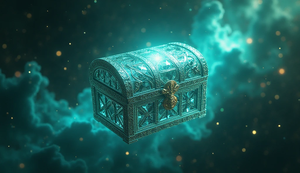 Create an image of a diamond chest With a very green background of galaxies