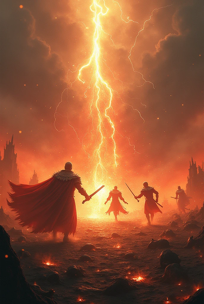 Kingdown of immortals in flames, bloody battle, bodies on the ground
