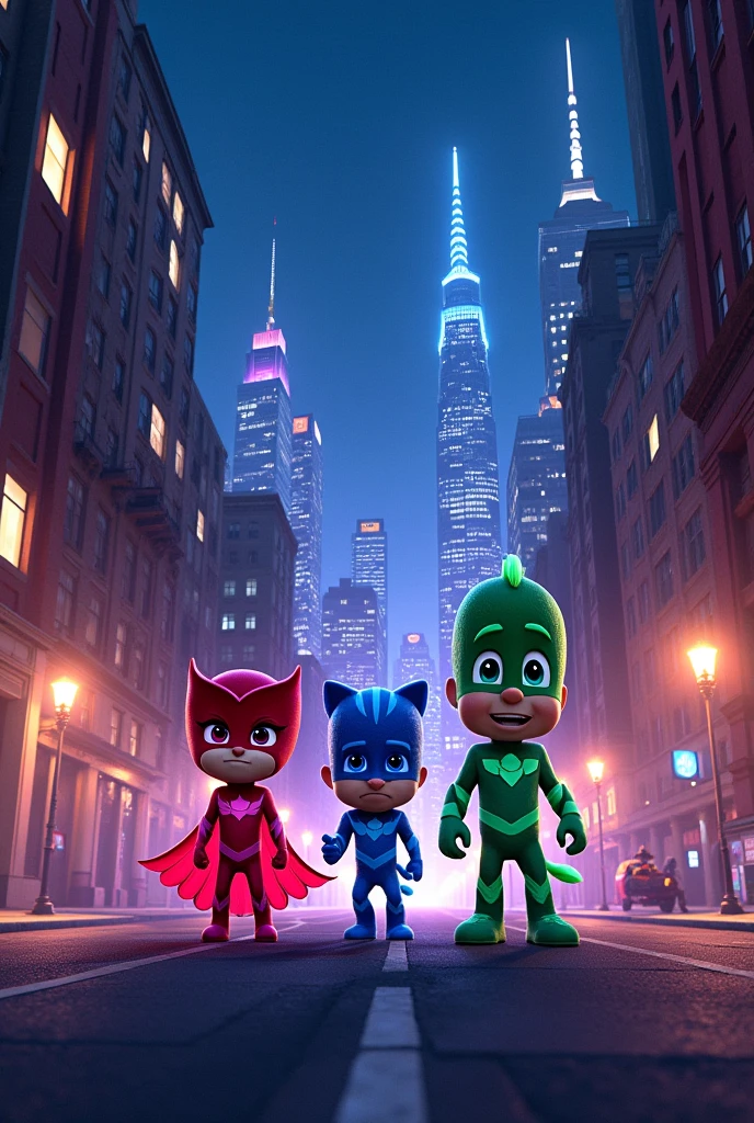 pj masks in the city with illuminated buildings with feet on the ground