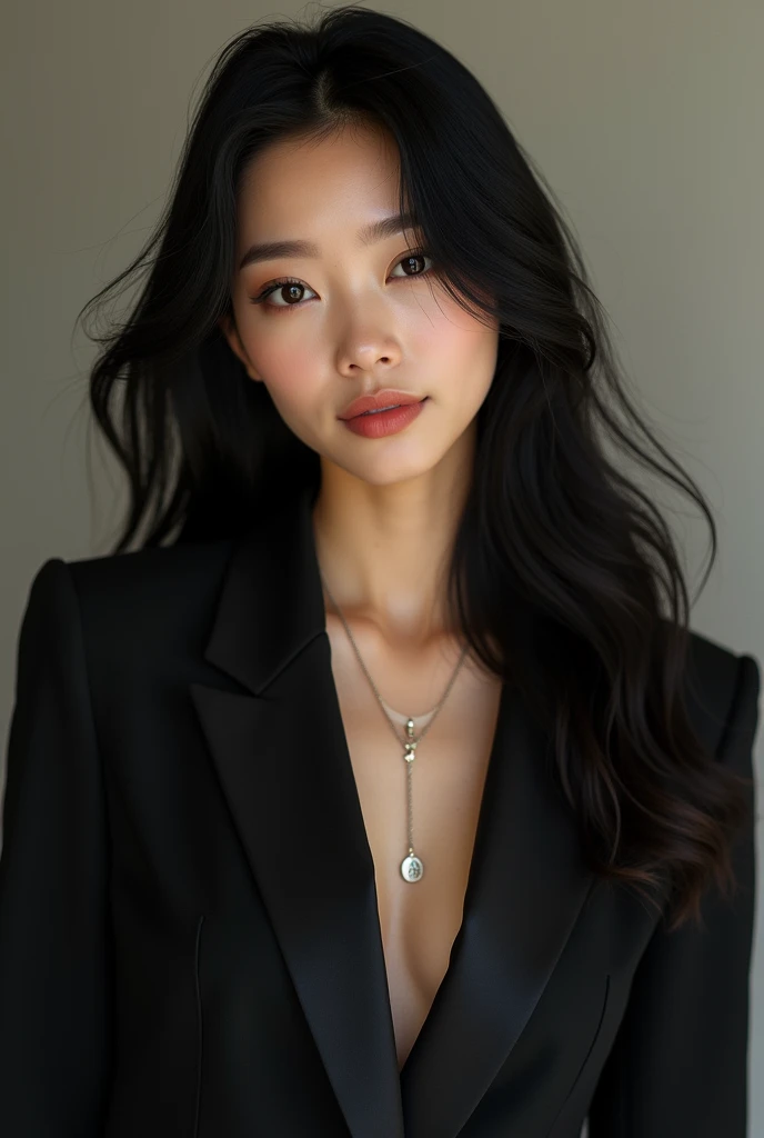 A very pretty korean woman, 30 years old, very white skin, long black hair, black eyes, skinny body, mature, quite cold, very intuitive, member and leader of girlband,
