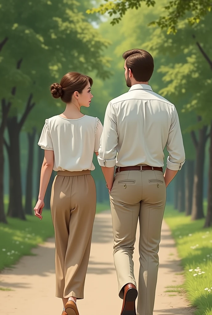 a europe gentle man dressed in a crisp white shirt and pants, the man's hair is brown short and neatly combed back is heading to a park with a lady with bun hair and wears white shirt