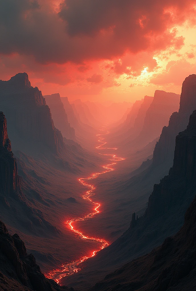 a wiew of a vast landscape panorama.((conflict, aggression,anger,antagonism)),((black, red, golden brass)),((deep wiew)),photographic,ultra high resolution,hyperdetailed, masterpiece, 3d modelling, digital art.