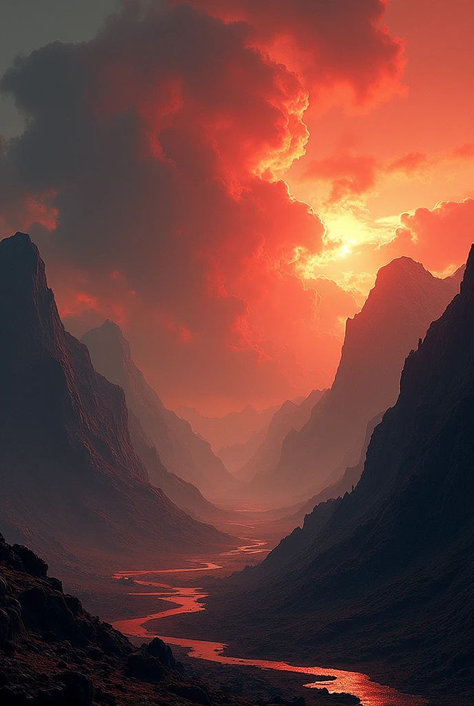 a wiew of a vast landscape panorama.((conflict, aggression,anger,antagonism)),((black, red, golden brass)),((deep wiew)),photographic,ultra high resolution,hyperdetailed, masterpiece, 3d modelling, digital art.