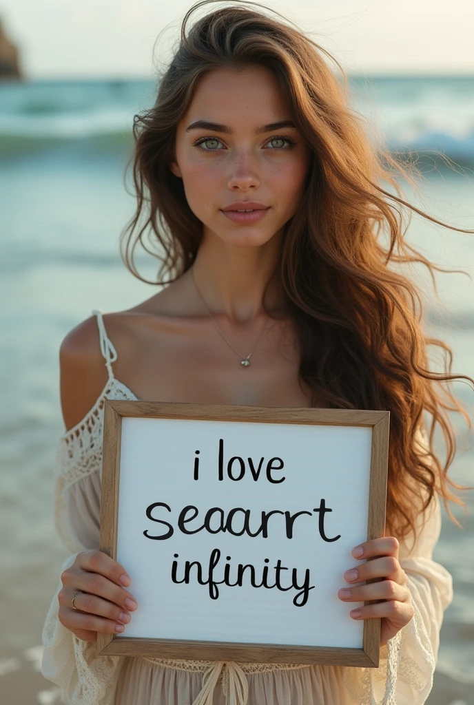 Beautiful girl with wavy long hair, bohemian dress, holding a white board with text "I Love Seaart Infinity" and showing it to the viewer