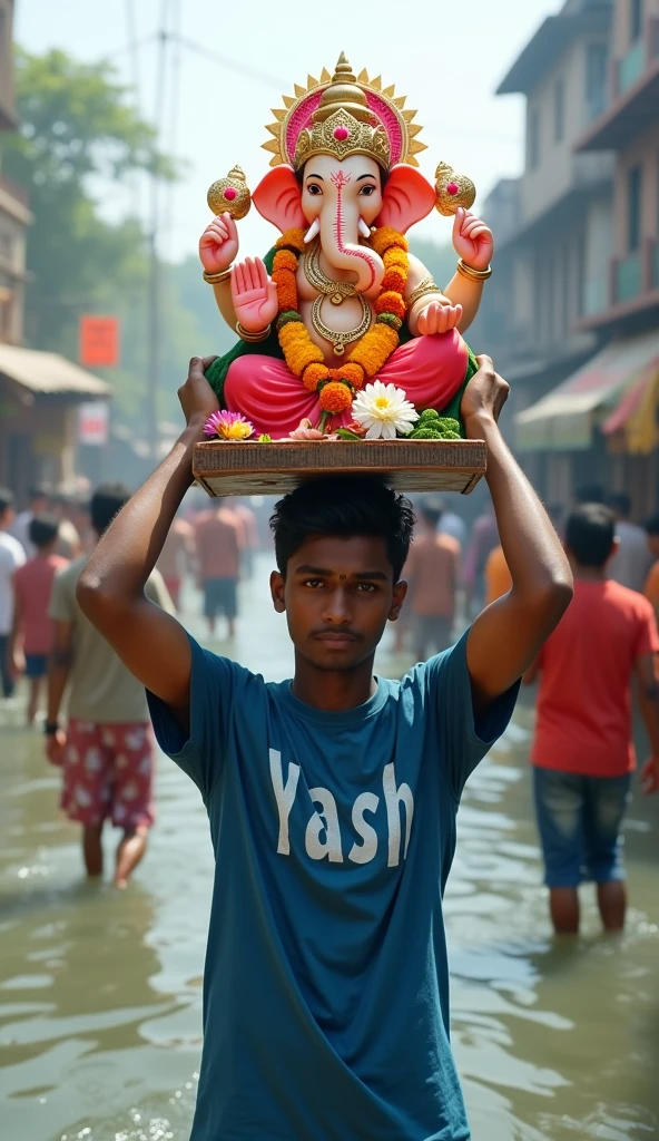 Create a Realistic 20 year old Guy carrying a statue of Lord Ganesha on his head. The statue is made of colorful flowers and is placed on top of a wooden platform. The Guy is wearing a Blue tshirt and is standing in a body of water. “Yash” is written in Guy’s tshirt. In the background, there are other people and buildings visible.