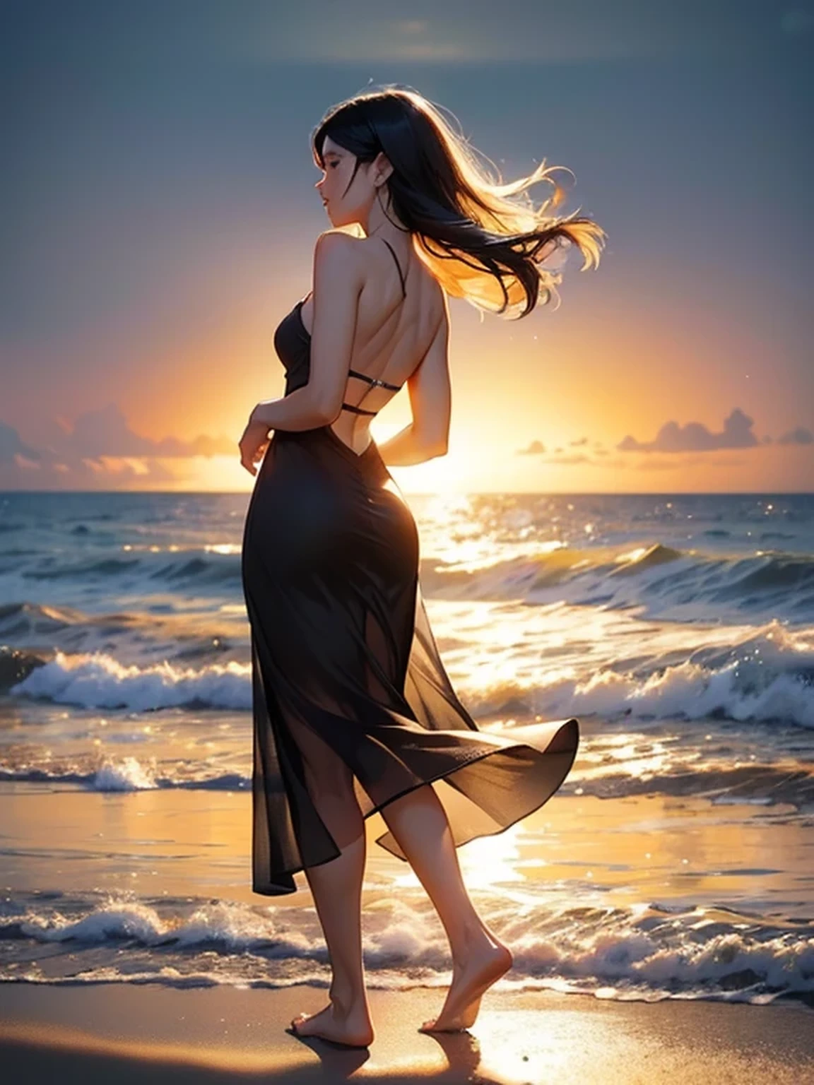 (realistic photo:1.37), Summer sea evening sunset, Sunset overlap the person, The sunset is reflected on the sea surface, (Dazzling sunset:1.4, beautiful evening sunset:1.3), (1 beautiful female, Back view of the beach), (((looking beyond the horizon))), (Lens Ghosting:1.5, lens flare:1.2, Octagon-shaped lens ghost), Fiery Horizon, (Silky black Hair:1.2), ((Natural backlighting:1.4)), ((wears sheer Summer Dresses)), ((full body view:1.2)), Slightly slimmer body, Realistic Skin,
BREAK.
masterpiece, ultra high resolution, high definition RAW photograph, Highly detailed CG, best quality, 4K, perfect anatomy, perfect proportions, Romantic Landscape, Sparkling sea, Accurate limbs, details accurate limbs, accurate finger, erotic body, Ultra-realistic