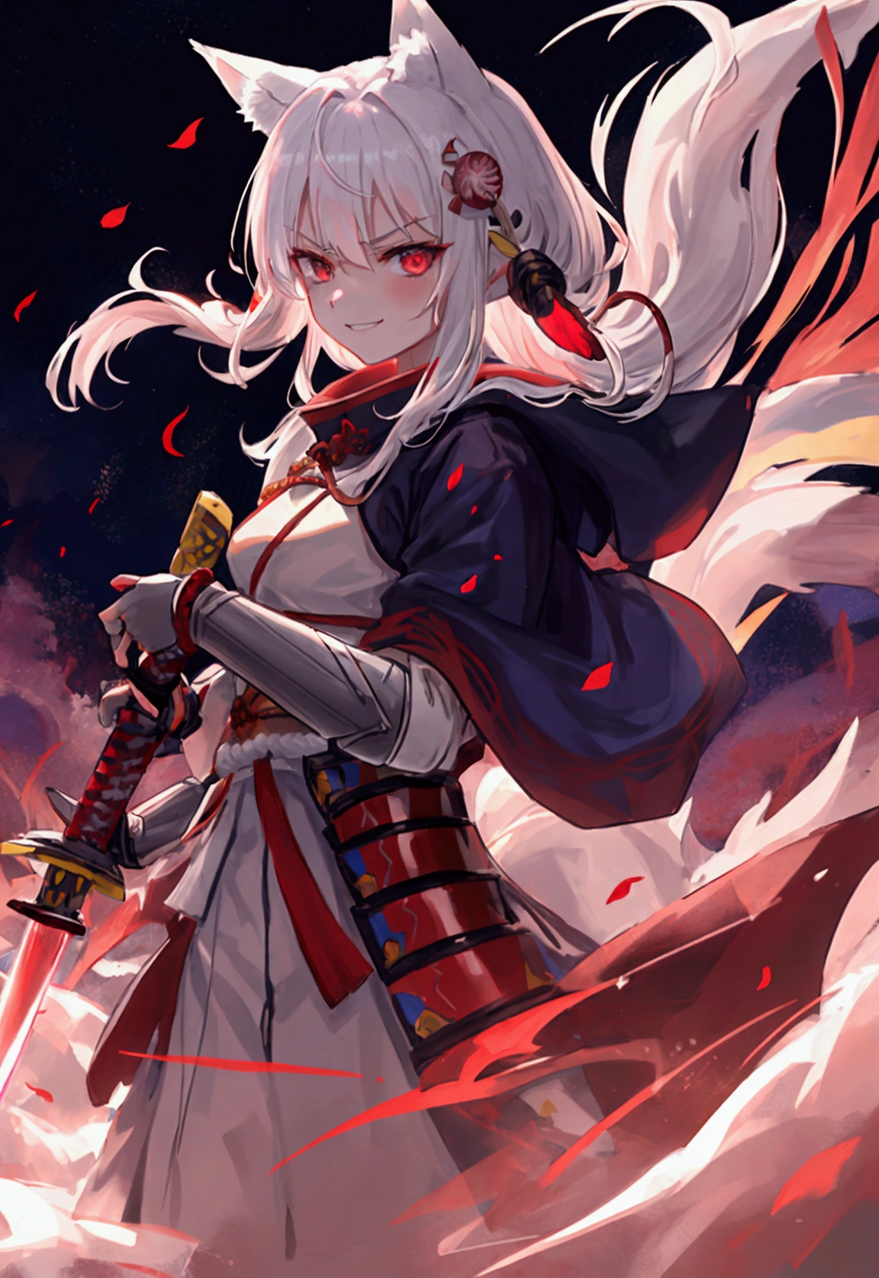 fox Light blue hair 　beast girl　indigo fur　fox beast girl　Sesshomaru, Yellow eyes, Anime, Perfect face, Perfect Lighting, Outdoors, Warm colors, Dark purple sky, Autumn sunset,  \(inuyasha\), Bearing Claw, Ready to fight　wave, koi fish, anime artstyle, wide view, fluffy. yellow  fox, marking under the eyes, crystal antler ,violet eyes, wearing bandanna, flower petals, Ambient light，Ultra-fine fur，volumettic light，natural  lightting，fox tail，nevando，35mm。High quality, high detal, Best quality, hyper HD，individual，Single(Cat's ears:1.3),(Sky Eyes 1.3),(Face Focus:1.3), (angry, Smile:1.3),(Gentle face:1.3),(long white hair:1.3), hair messy, Red Eyes,red eyes,Red Eyes(Eyes are red:1.3), (perfectly detailed eyes:1.3),Dynamic Angle,Black kimono,Black Hakama,Her skin is white,Red lightning,Red thunder, Swirling rainbows and lights on complex background、It enveloped me like a serpent in an interstellar wind,(Dual-wielding combat pose:1.3),(The red glowing samurai sword:1.3),(A sword shining in red lightning:1.3),She has a samurai sword,dual-wielding,Unleash the Blade of Light,Highest Quality, (Red cloak with war maiden decoration:1.3),Raise the railgun, ((sanpaku))((Proud)), (Blue glowing thunder sword:1.3),(Fiery Red Sword:1.3),Blade of Light,Lens Flare, Big rainbow,The moon shines,Star chips, bloom, ((light glow)), chromatic abberation], Digital Painting, Insane details, Intricate details, Beautifully color graded, Unreal Engine, Cinematic , colour grading, Editorial Photography , Photography, Photo Shot, Canon 5D Camera Photography,Shot on 70mm lens, Depth of subject, ultra sharpness, nffsw, octane, Unreal, Dramatic light, Global Illumination,Motion Picture Film,rainbow,lensflare,(Moonlight Art:1.3:1.3),(Sengoku:1.3),(Agfacolor:1.3),(close portrait:1.3),(Feminine:1.4),(Beautiful:1.4),(Attractive:1.3),Move an angle,Themed Background,