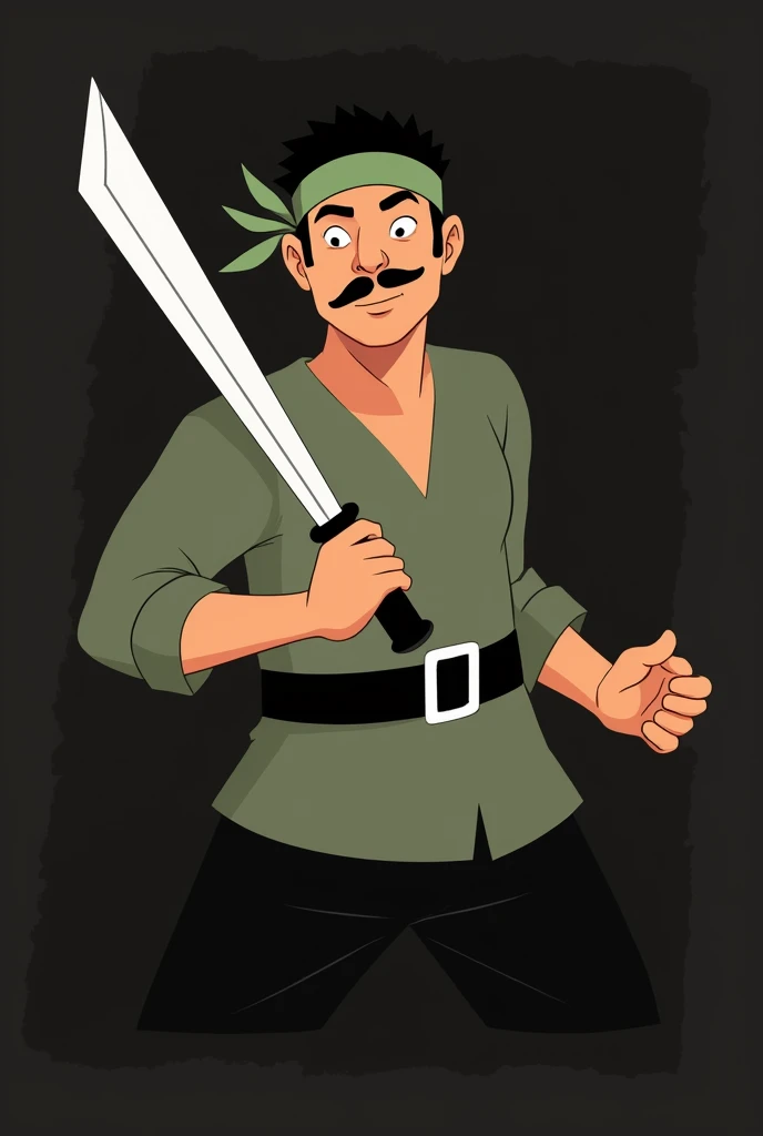 man with brown skin, thin mustache, wearing a green headband on his head, wearing green clothes, wearing a black belt, holding a parang sword in his hand