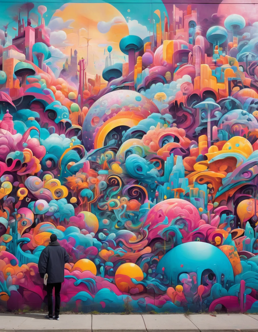 Mural on graffiti-covered wall depicts a surreal dreamscape, Blend bright hues and abstract shapes.