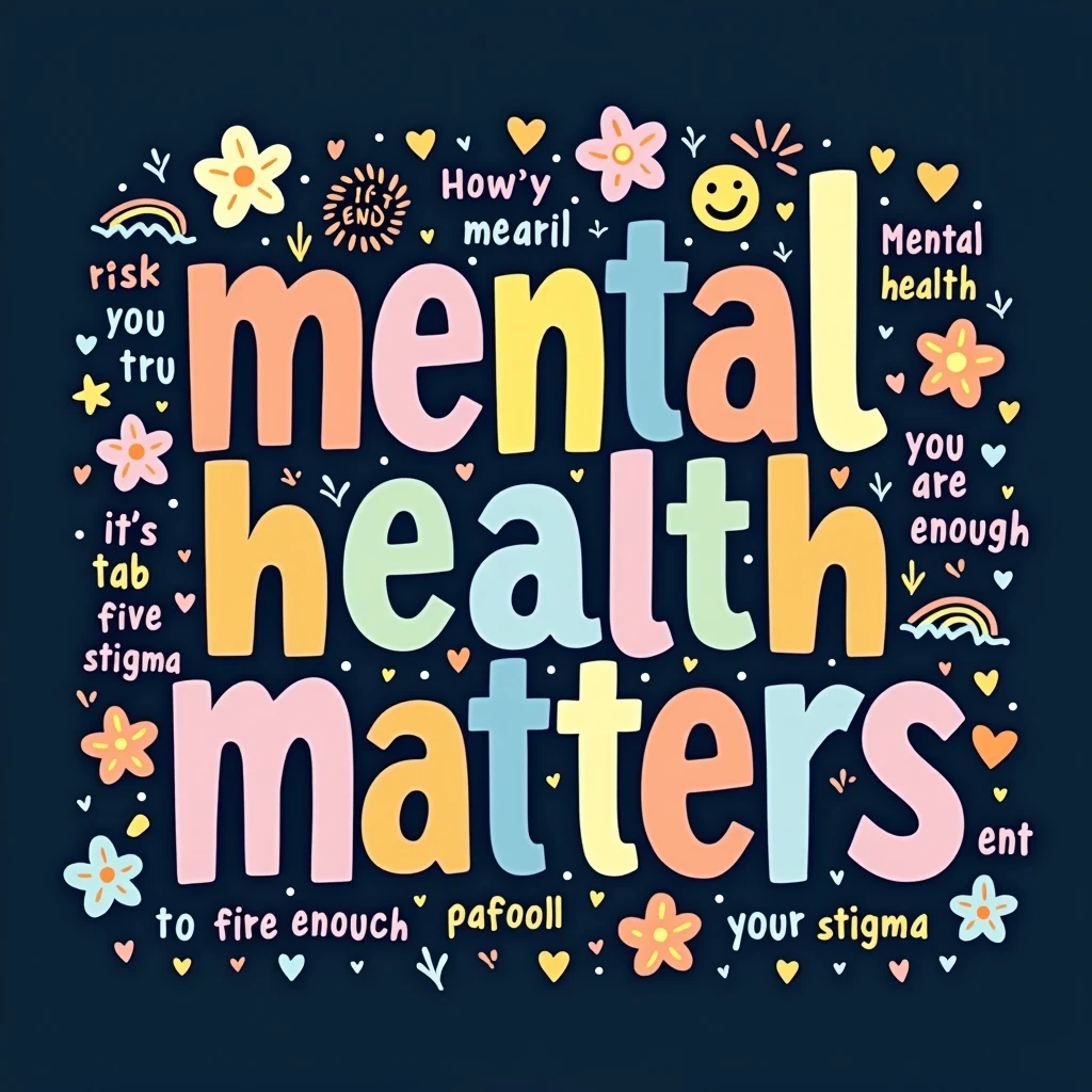 Design a cheerful, supportive illustration centered around the phrase 'MENTAL HEALTH MATTERS' in large, colorful, bold, and playful typography. Use a mix of pastel colors, with each letter in a different shade of pink, blue, yellow, orange, and green. Surround the main text with smaller positive affirmations like 'It's OK to not be OK,' 'You are enough,' and 'End the stigma,' each in a playful font. Scatter small, whimsical illustrations like flowers, smiley faces, hearts, and rainbows around the text to enhance the supportive and uplifting theme. Set  against a dark, solid background to make the colors pop and ensure the design is visually engaging and easy to read
