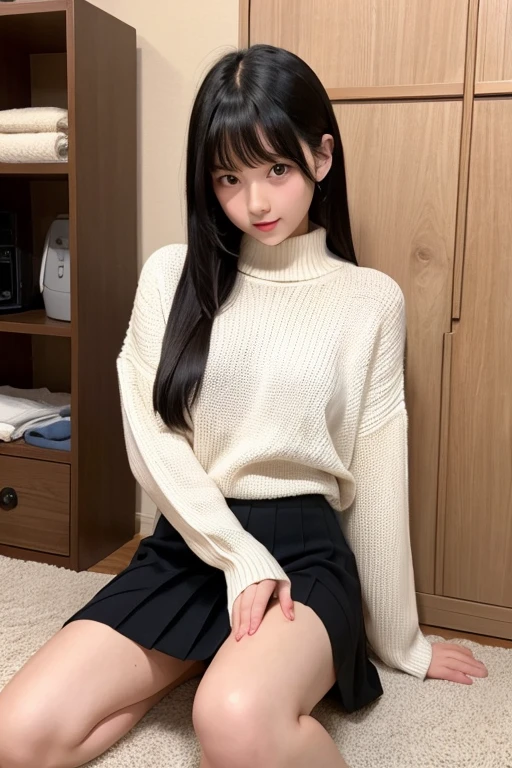 Black hair straight、Embarrassed、Spread your legs、Spread your legs、sweater、skirt、Blushing, High resolution, sit、underwear、Natural Hands