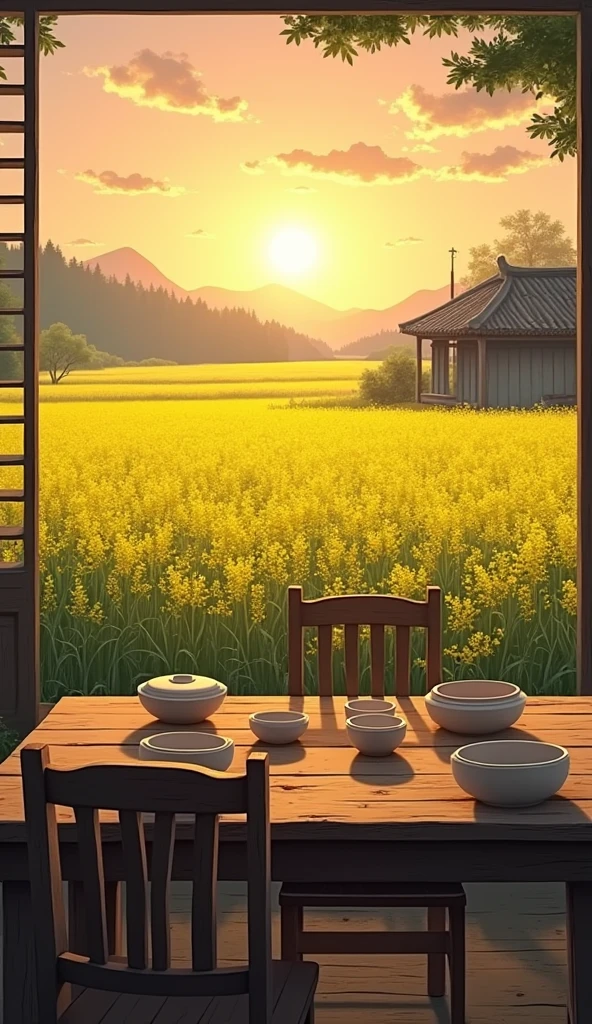  2D anime chinese empty dishes on Rough  dinning table and chairs in field of mustard ,old village life sunset time zoom in table