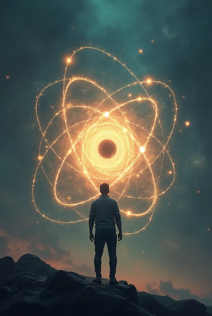 An image about the atomic universe with a silhouette of a man inside an atom acting as the nucleus, and a black hole