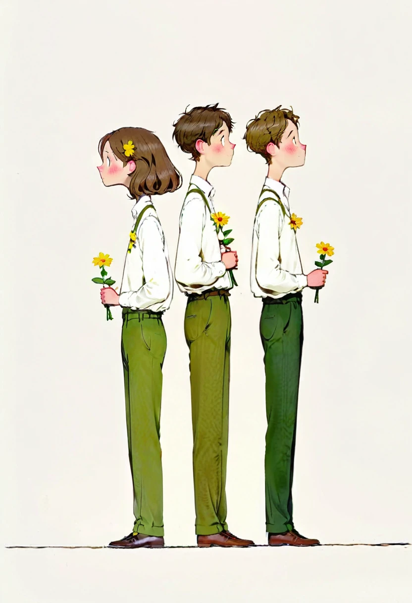 (masterpiece:1.5),(the best quality:1.3),1boy,1girl,flower,from side,short hair,holding,yellow flower,simple background,blush,white background,shirt,dress,brown hair,white shirt,wide shot,long sleeves,standing,pants,closed mouth,
