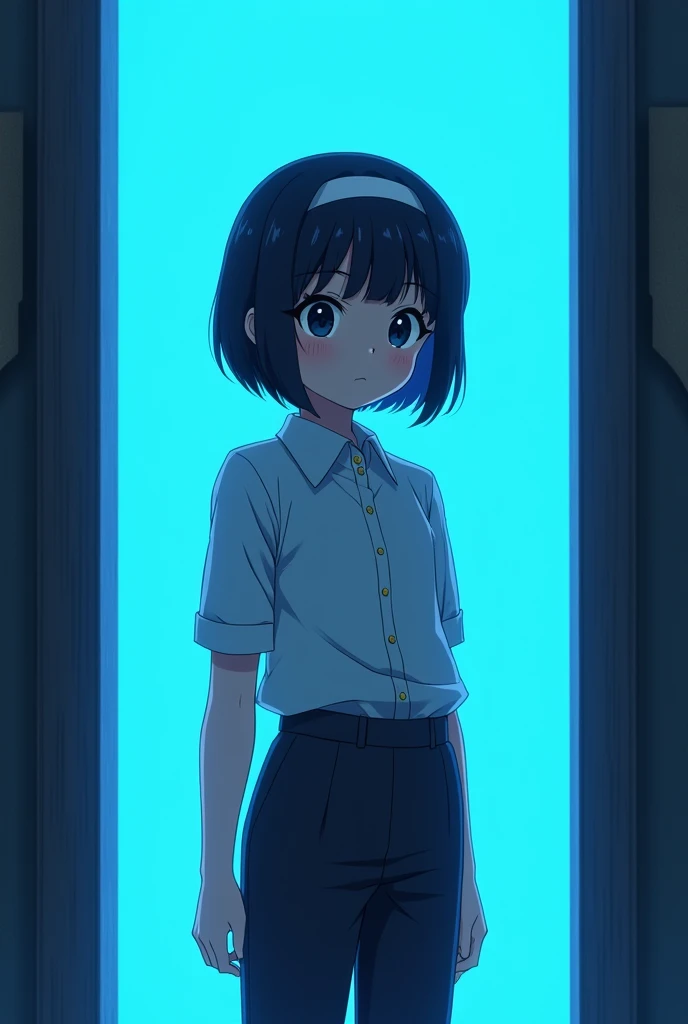 Anime girl with short black hair, her bangs tied with a headband on her head and wearing. Dressed like a boy and standing in front of a door that shines with bright blue light