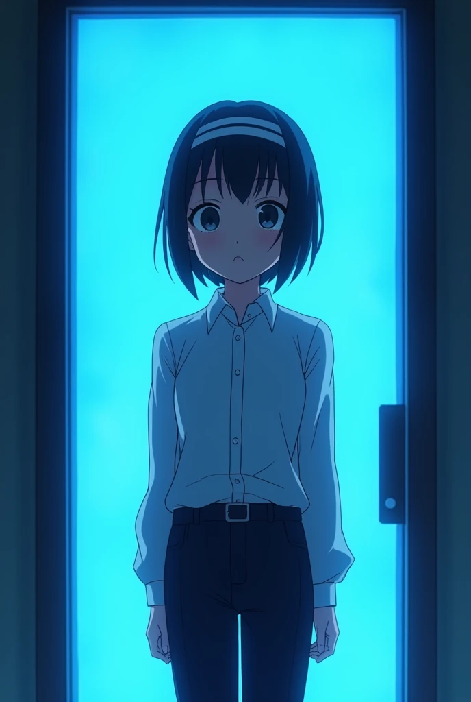 Anime girl with short black hair, her bangs tied with a headband on her head and wearing. Dressed like a boy and standing in front of a door that shines with bright blue light 