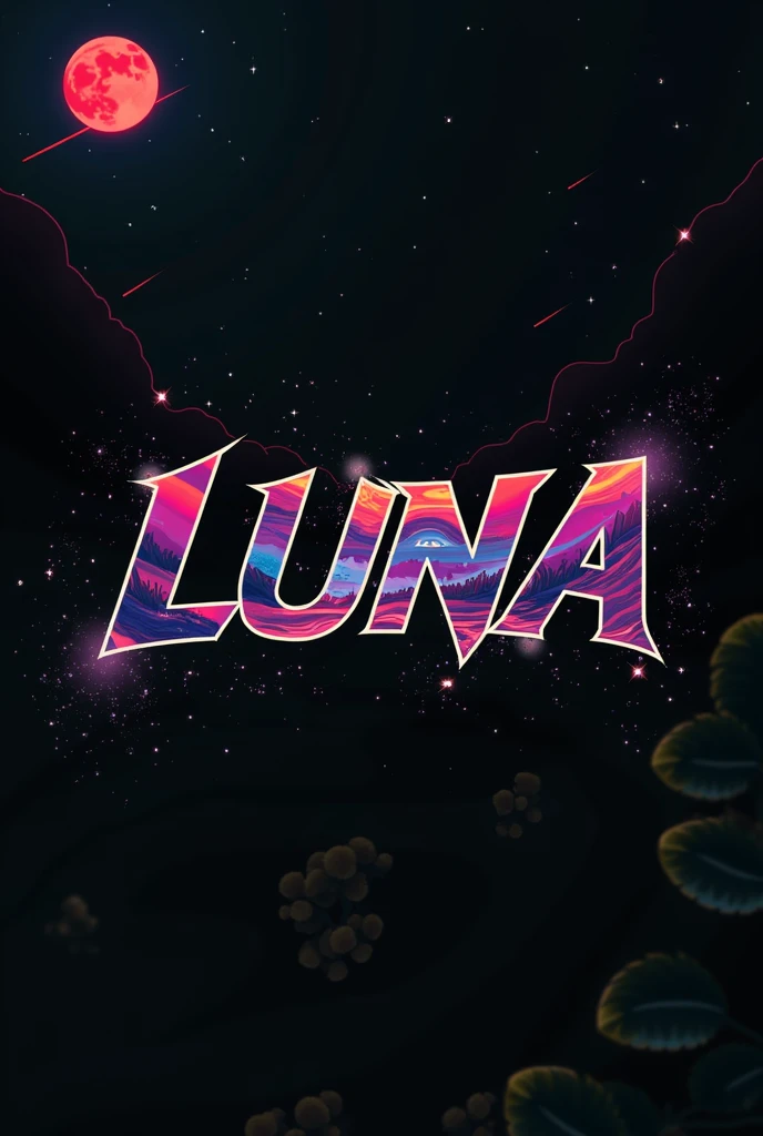 High resolution, logo spelling swiftly “Luna” cool, Jdm theme, anime theme, Cyberpunk vibe name spelling, brand logo, logo for tshirt, brand logo “LUNA”, neon vibes, acid trip vibes, acid trip, shooting stars, acid trip inside “LUNA”, acid trip, hallucinations inside “LUNA”, Waves of hallucinations, splash, waves of futuristic hallucinations, futuristic wave, stars in the background, red strange moon, red roses with green leaves,