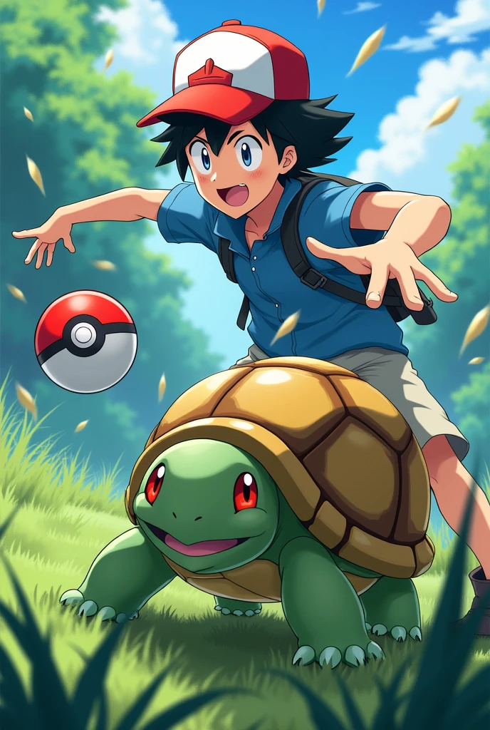 Ash Ketchum capturing a turtle with the Pokeball 