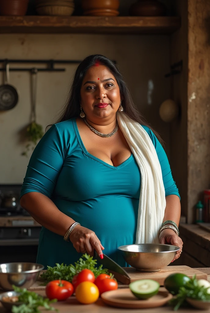 photo of Voluptuous Mature Indian Aunty, Wearing a Tight Blue Kurti and White Stole tied around her neck, U Cut Cleavage exposed, Standing in Kitchen and Cutting Vegetables,Turning her head and kissing a Young Boy.