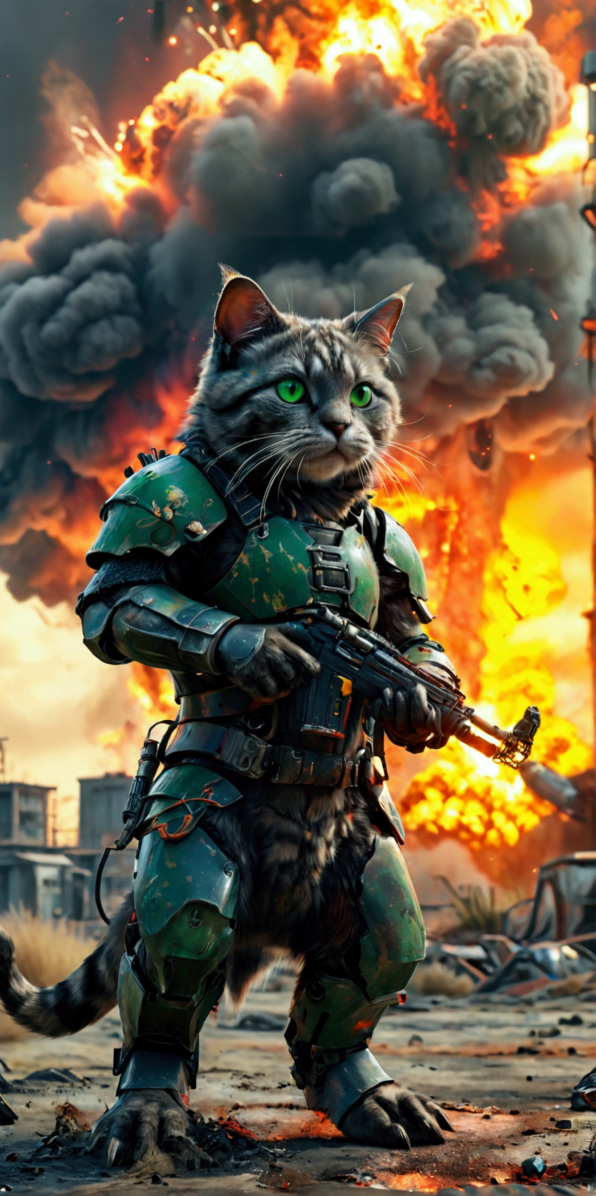 Create a cat breed (British lop-eared). Plain dark grey orcas. with green eyes. He stands on two legs, all in silophoth armor from the game fallout. With a minigun in hand. Against the backdrop of a nuclear post-apocalypse. Or a nuclear mushroom cloud. Very colorful picture. 4k.