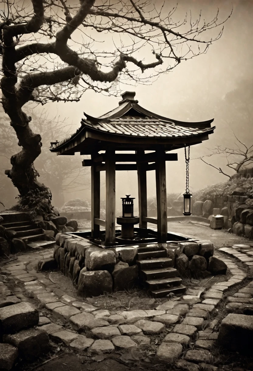 Surrealist style, Japan in the Edo period, an old well in an abandoned Japanese village, no one there, abandoned loneliness, resentment, revenge, memories of fear, monochrome, retro feel, sepia tone, dark shadows, frightening, thick fog, the presence of a resentful earthbound spirit,