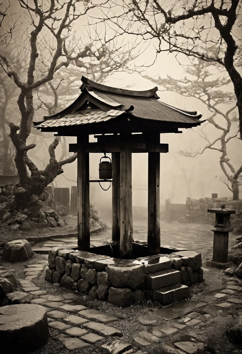 Surrealist style, Japan in the Edo period, an old well in an abandoned Japanese village, no one there, abandoned loneliness, resentment, revenge, memories of fear, monochrome, retro feel, sepia tone, dark shadows, frightening, thick fog, the presence of a resentful earthbound spirit,