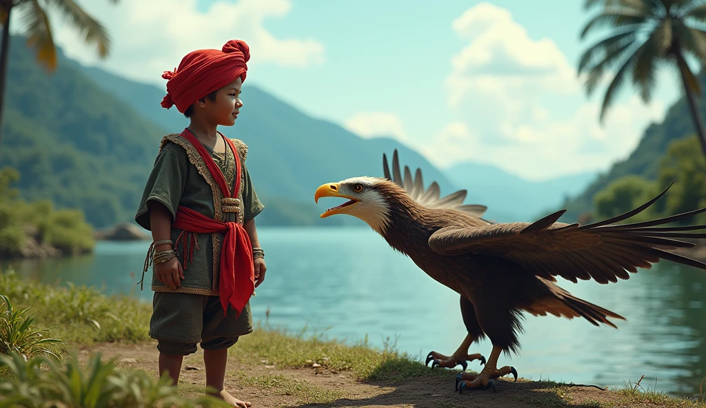 Village from ancient Ternate island, Maluku, Indonesia, beside a ocean and mountain, a  children in ancient Ternate clothing and wear a red traditional Ternate turban, is playing with a big eagle with twin head, there is no peoples, hyper realistic, masterpiece, best quality, ultra-detailed, UHD, 64K