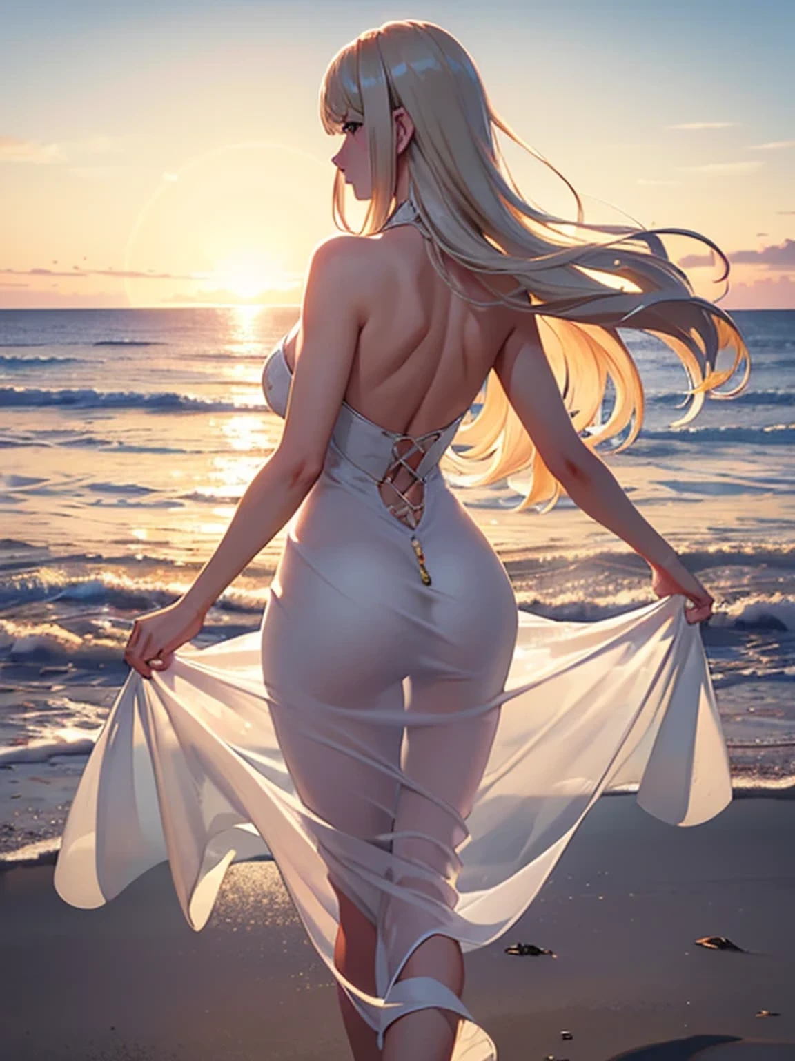 (realistic photo:1.37), Summer sea evening sunset, Sunset overlap the person, The sunset is reflected on the sea surface, (Dazzling sunset:1.4, beautiful evening sunset:1.3), (1 beautiful female, Back view of the beach), (((looking beyond the horizon))), (Lens Ghosting:1.5, lens flare:1.2, Octagon-shaped lens ghost), Fiery Horizon, (Silky platinum blonde Hair:1.2), ((Natural backlighting:1.4)), ((wears sheer white Summer Dresses)), ((full body view:1.2)), Slightly slimmer body, Realistic Skin,
BREAK.
masterpiece, ultra high resolution, high definition RAW photograph, Highly detailed CG, best quality, 4K, perfect anatomy, perfect proportions, Romantic Landscape, Sparkling sea, Accurate limbs, Back blur, accurate details hand, accurate details finger, erotic body, Ultra-realistic