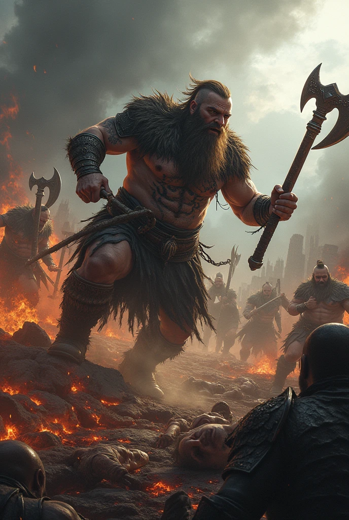 Kingdown of immortals in flames, many viking warriors in bloody battle, bodies on the ground