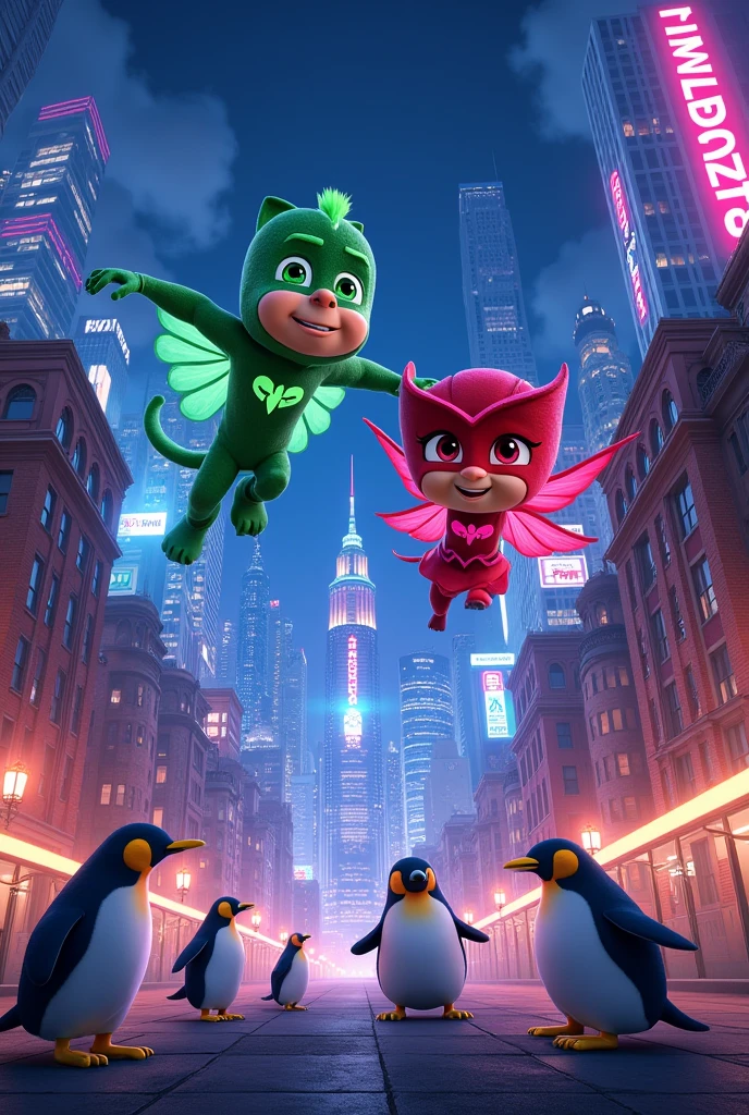 pj masks in the city with illuminated buildings with happy feet on the ground