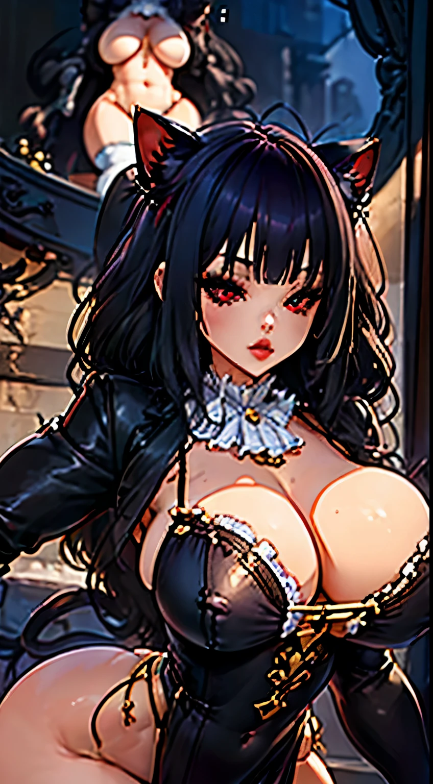 NSFW (Best Quality, 4k, masterpiece :1.3), pretty Woman, hyper realistic, 1 girl, junkotvv, cat ears, red eyes, (massive breasts, attractive body :1.2), ABS :1.1, wet body :1.2), Ultra detailed face, detailed lips, detailed red eyes, double eyelid, open neckline, hanging breasts, visible curves, only, sexy, model pose