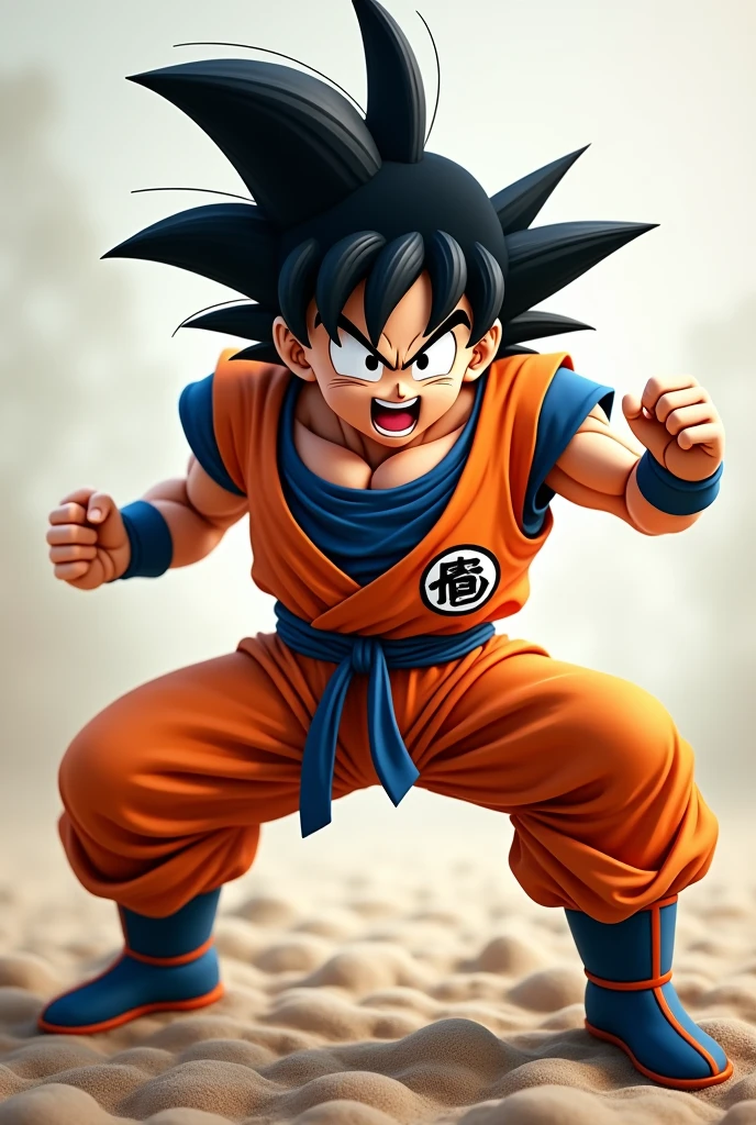 make ,a realistic full body shot,exagerrated ,caricature of son goku, fighting pose,high detail