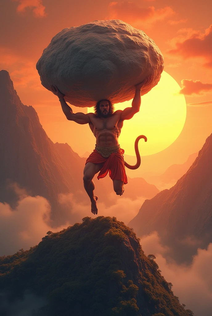 Hanuman with the Mountain: Lord Hanuman, the mighty monkey god, in mid-air, carrying the entire Dronagiri mountain on one hand. His muscular form and determined expression are highlighted, with the wind swirling around him and a vibrant sunset in the background.