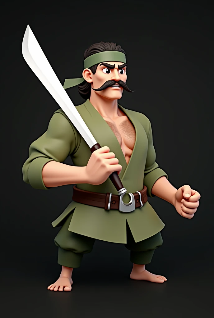 man with brown skin, thin mustache, wearing a green headband on his head, wearing green clothes, wearing a black belt, holding a parang sword in his hand 3d
