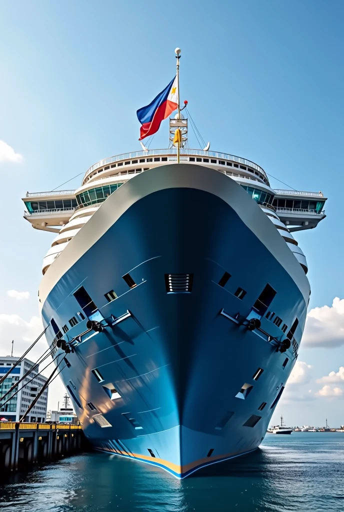 MS Princess of Philippines Cruise ship with a blue hull and a philippine flag at Manila port size of the Harmony of the seas loading passengers