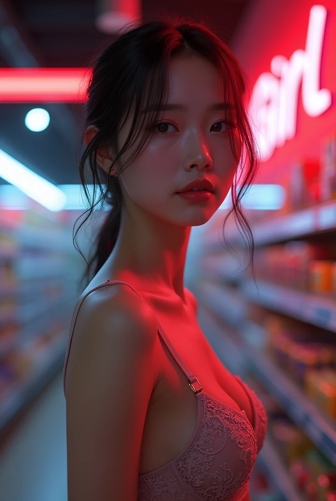 Hyper-realistic, medium shot, a beautiful young thai korean woman, 20 years old, ((full body shot)), Cup D bra, porcelain white skin, standing in a supermarket, neon light graphic "AI Girl" on the wall in the background, cinematic lighting, photorealistic, intricate details, elegant facial features, long eyelashes, defined jawline, beautiful lips, high resolution, 8k, hyperrealistic, masterpiece, (best quality,4k,8k,highres,masterpiece:1.2),ultra-detailed,(realistic,photorealistic,photo-realistic:1.37),HDR,UHD,studio lighting,ultra-fine painting,sharp focus,physically-based rendering,extreme detail description,professional,vivid colors,bokeh,concept art
