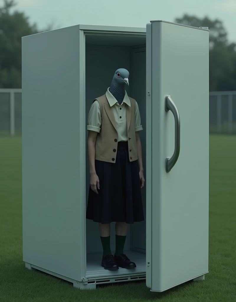 ((Highest quality)), (Watching from inside the fridge), ((冷蔵庫の扉が少し開いていてGray female pigeonがこちらを見ている)), (turf field), (fear),Gray female pigeonがオフホワイトで襟付きのshort-sleeved shirtに薄茶色のベストを着てひざ丈の黒いスカートに濃い緑の靴下と黒の靴を履いている, (Gray female pigeon), (short-sleeved shirt), (Horror movie-like images),