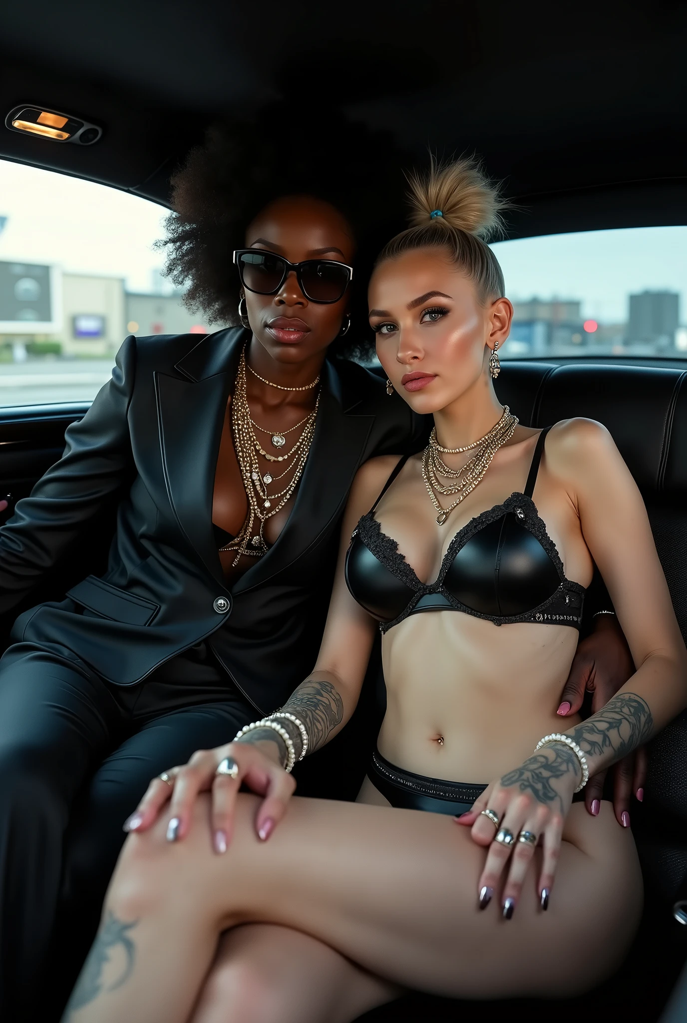 Two russian old milf women: the dominant aggressive dark skinned black woman in business suit (jacket and trousers), long nails and afro hair, sitting on the center of the back seat of a limousine with possessive stance (arms around her girlfriends' shoulders squishing her tightly, groping the body of the white woman with her other hand, like a predator on her prey). Next to her, her white rich drunk girlfriend leaning over her (very pale: pale face, pale neck, pale chest, pale arms, pale hands, pale stomach, pale leg), white woman stretches her neck, looks scared, afraid of her girlfriend. white woman is shy and submissive, feeling dizzy and needy, seduced, in laid back posture spreading her leg with hands on her knee and bra, chin up stretching her neck, arched back, wide open legs. White woman dresses in rock chic style: Black shiny leather thong, grey hair (pouf, shaved sides, top bun) and oversized square sunglasses as headband. Big lips. Black strudded leather push up bra, silicone breasts. Barefoot.. Lots of thick wide studded bracelets in the wrists of the white woman, big pearl necklaces around the necks of the white woman, and big rings, Pearl earrings. Chains around the hips of the white woman. White woman is lazy, leaning back and forward,mand arching her back.. The white woman is densely tattooed on neck, chest, arms, stomach, legswrists and feet. White woman havs well Toned abdominals, thin neck, slim legs and thin arms. Narrow hips. Full body. On the back seat of an expensive limousine